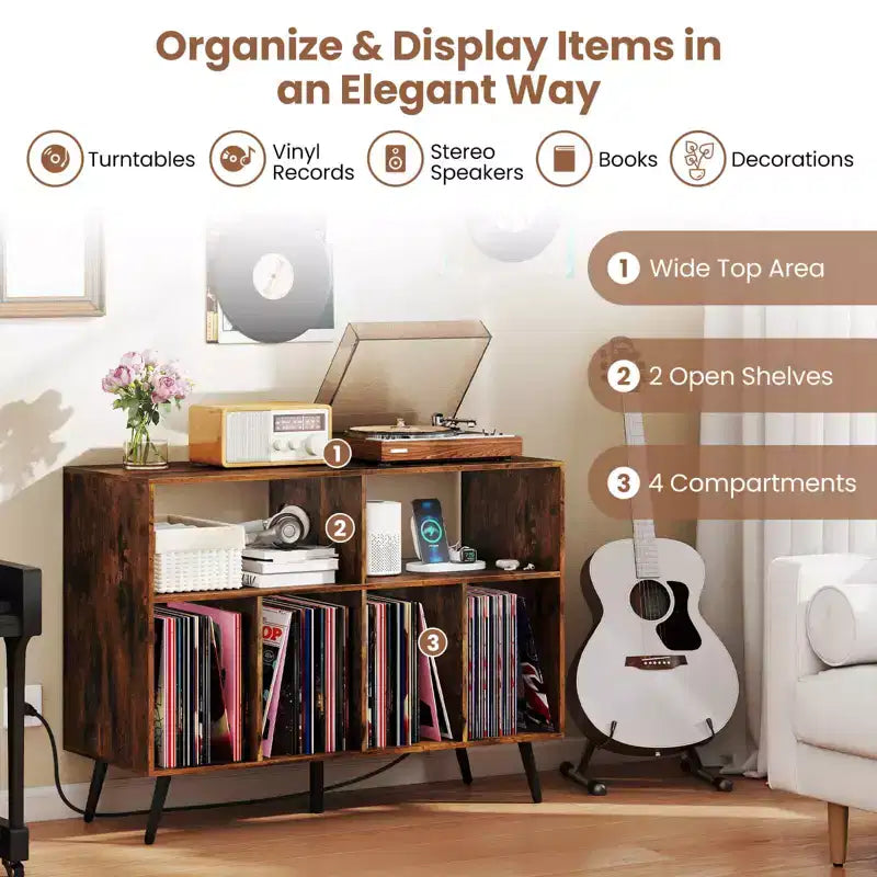Meuble pour tourne-disque avec station de recharge, étagères ouvertes et compartiments – Marron/Blanc