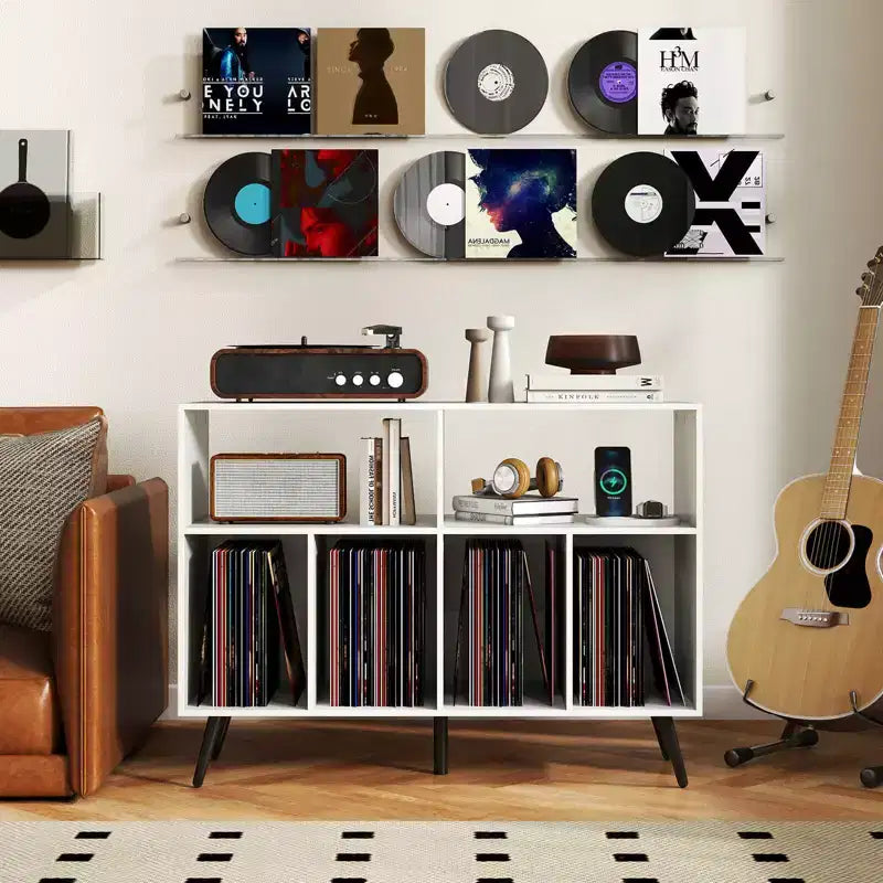 Meuble pour tourne-disque avec station de recharge, étagères ouvertes et compartiments – Marron/Blanc