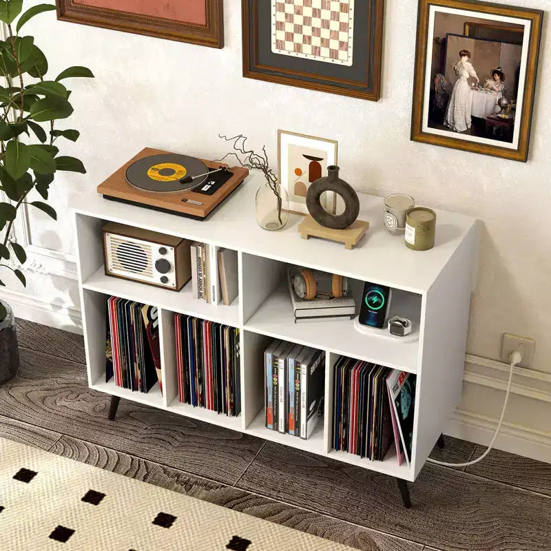 Meuble pour tourne-disque avec station de recharge, étagères ouvertes et compartiments – Marron/Blanc