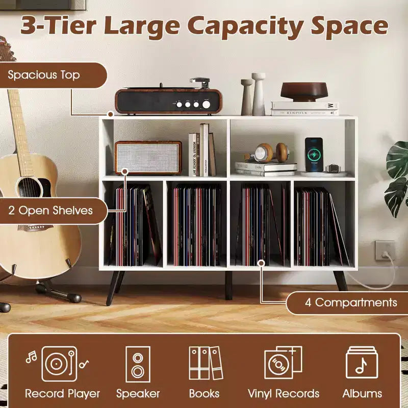 Meuble pour tourne-disque avec station de recharge, étagères ouvertes et compartiments – Marron/Blanc
