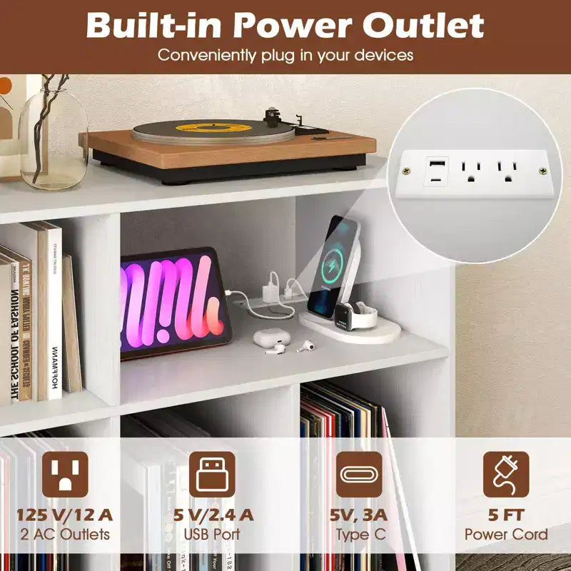 Meuble pour tourne-disque avec station de recharge, étagères ouvertes et compartiments – Marron/Blanc