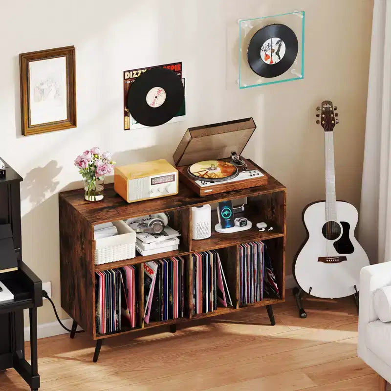 Meuble pour tourne-disque avec station de recharge, étagères ouvertes et compartiments – Marron/Blanc