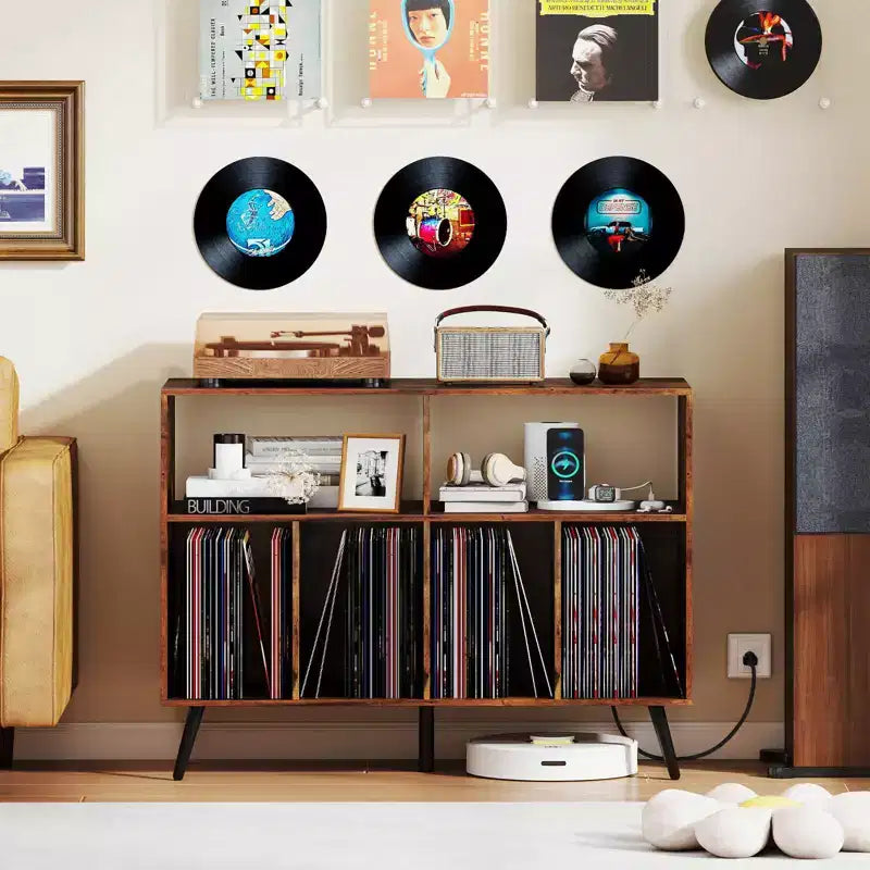 Meuble pour tourne-disque avec station de recharge, étagères ouvertes et compartiments – Marron/Blanc
