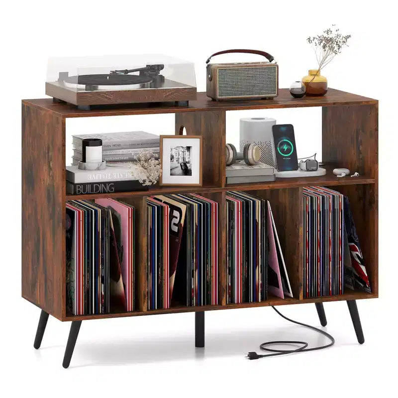 Meuble pour tourne-disque avec station de recharge, étagères ouvertes et compartiments – Marron/Blanc