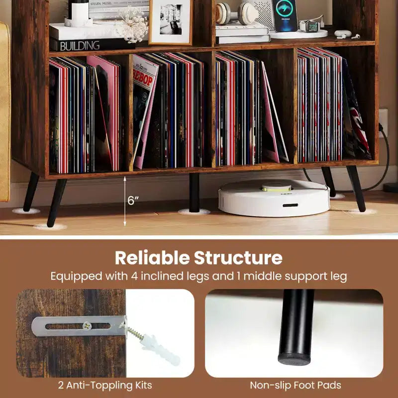 Meuble pour tourne-disque avec station de recharge, étagères ouvertes et compartiments – Marron/Blanc