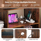 Meuble pour tourne-disque avec station de recharge, étagères ouvertes et compartiments – Marron/Blanc