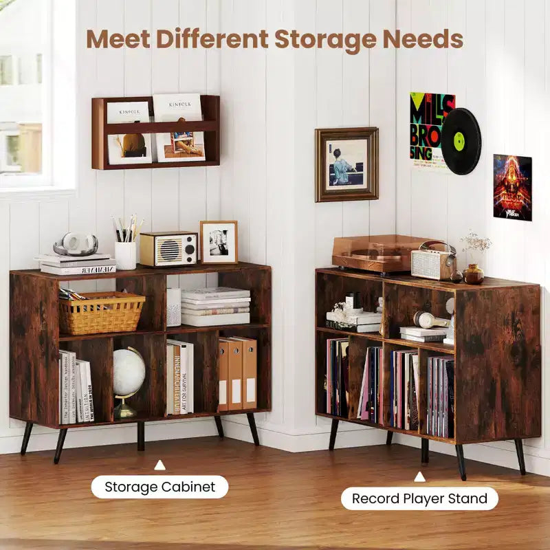 Meuble pour tourne-disque avec station de recharge, étagères ouvertes et compartiments – Marron/Blanc