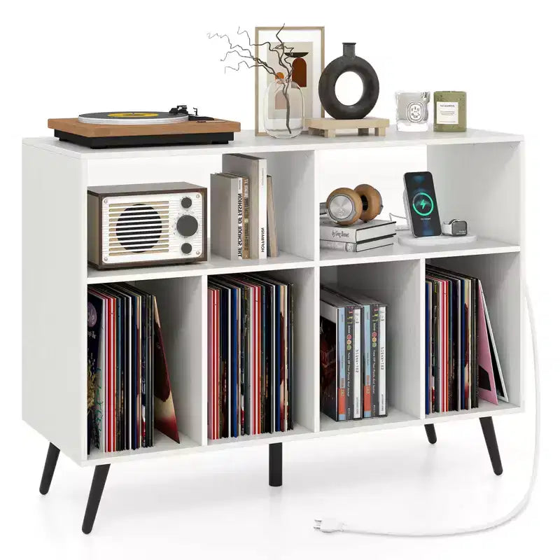 Meuble pour tourne-disque avec station de recharge, étagères ouvertes et compartiments – Marron/Blanc