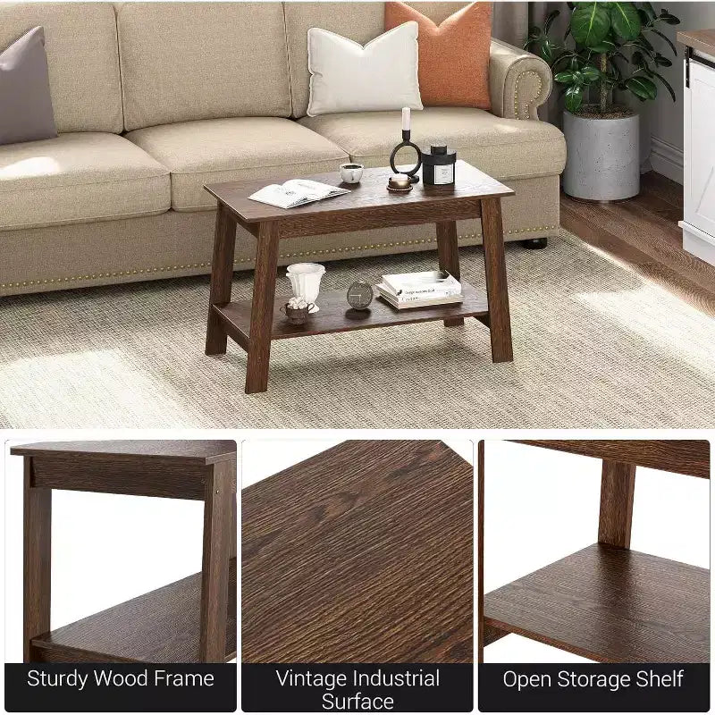 Table basse en bois de ferme avec 2 étagères de rangement – Design moderne pour petits espaces
