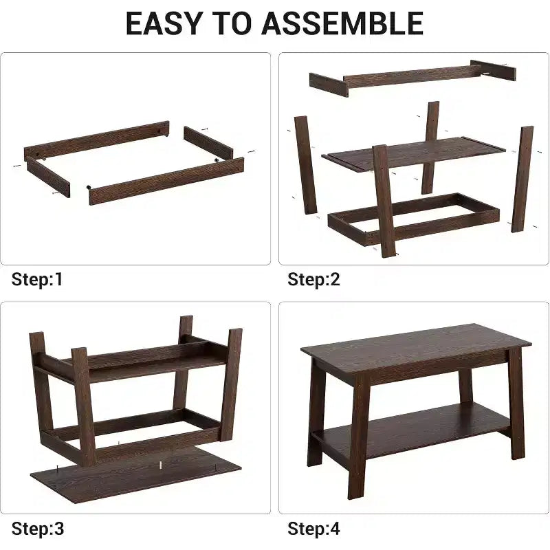 Table basse en bois de ferme avec 2 étagères de rangement – Design moderne pour petits espaces