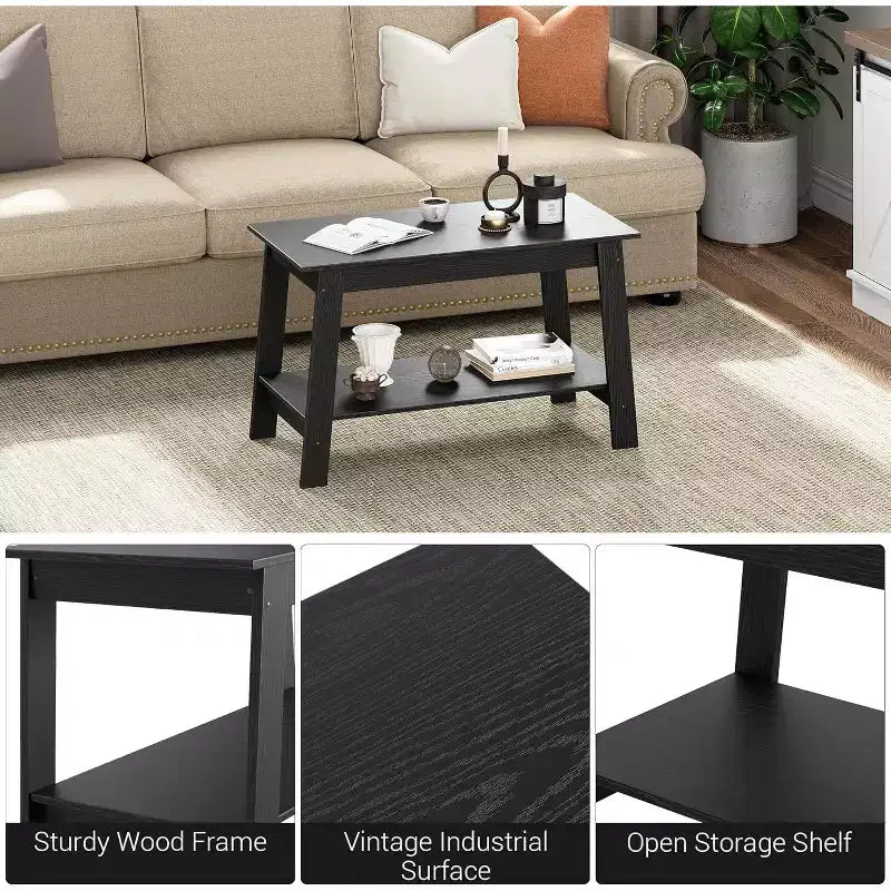 Table basse en bois de ferme avec 2 étagères de rangement – Design moderne pour petits espaces