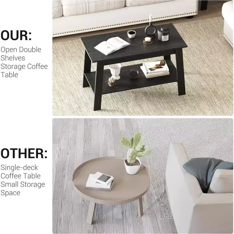 Table basse en bois de ferme avec 2 étagères de rangement – Design moderne pour petits espaces
