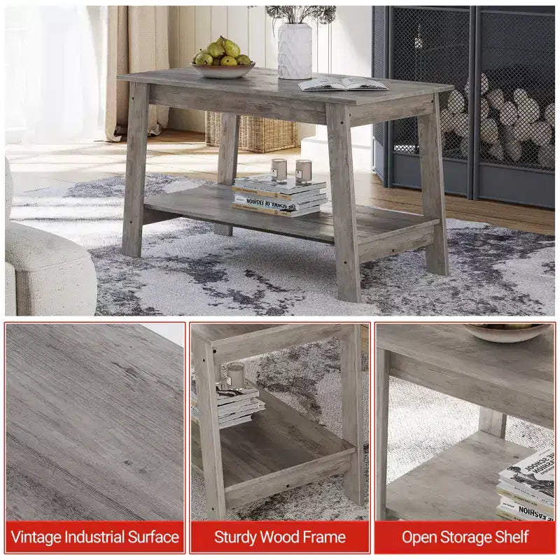 Table basse en bois de ferme avec 2 étagères de rangement – Design moderne pour petits espaces