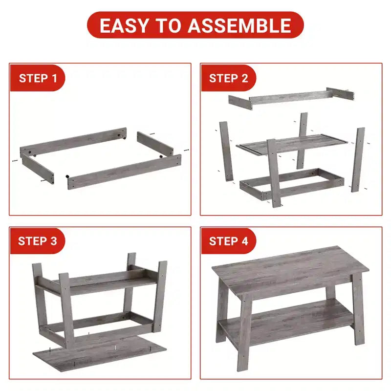 Table basse en bois de ferme avec 2 étagères de rangement – Design moderne pour petits espaces