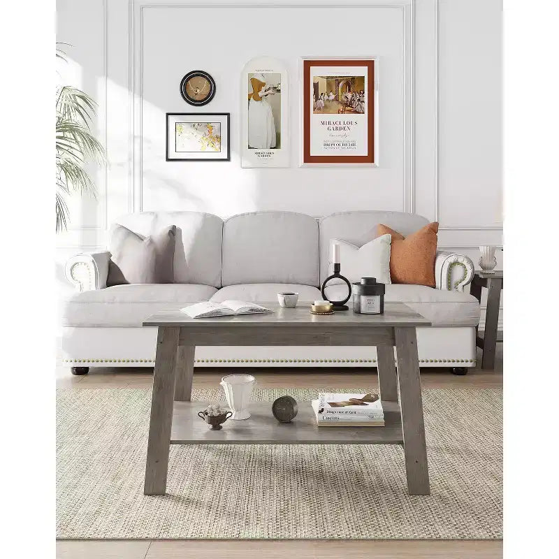 Table basse en bois de ferme avec 2 étagères de rangement – Design moderne pour petits espaces