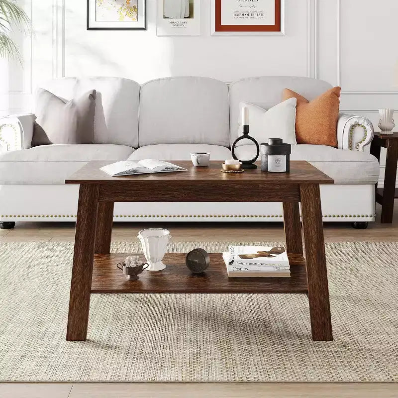 Table basse en bois de ferme avec 2 étagères de rangement – Design moderne pour petits espaces