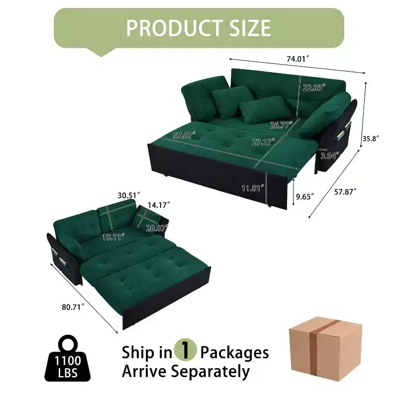 Canapé-lit convertible moderne en chenille, 188 cm, taille Queen – Multifonctionnel