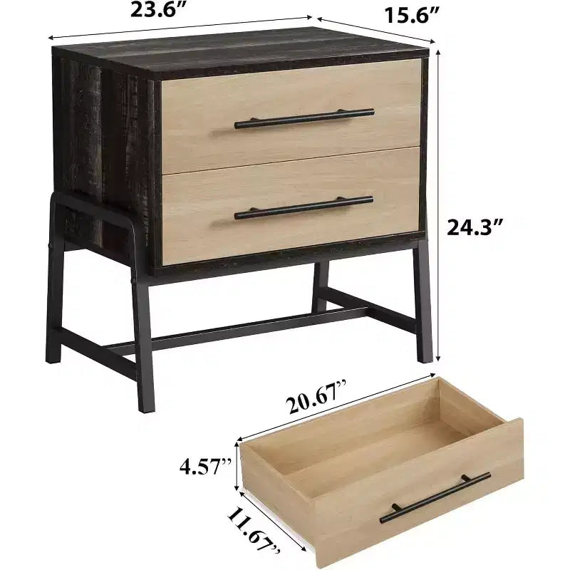 Table de chevet de style campagnard marron foncé de 60 cm avec 2 tiroirs et pieds en métal – Table de chevet de chambre à coucher