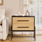 Table de chevet de style campagnard marron foncé de 60 cm avec 2 tiroirs et pieds en métal – Table de chevet de chambre à coucher