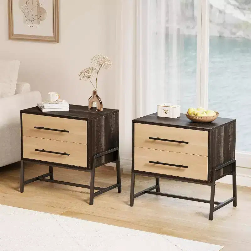 Table de chevet de style campagnard marron foncé de 60 cm avec 2 tiroirs et pieds en métal – Table de chevet de chambre à coucher