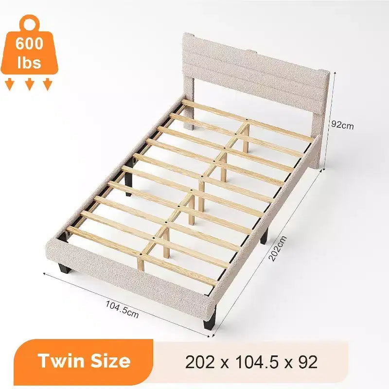 Lit plateforme rembourré en bouclette beige avec tête de lit réglable et lattes en bois – Silencieux