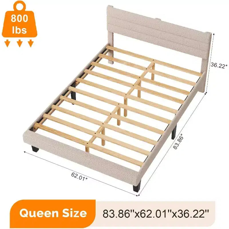 Lit plateforme rembourré en bouclette beige avec tête de lit réglable et lattes en bois – Silencieux