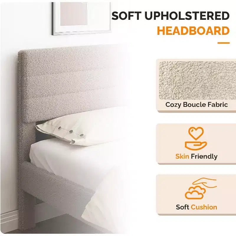 Lit plateforme rembourré en bouclette beige avec tête de lit réglable et lattes en bois – Silencieux