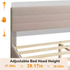 Lit plateforme rembourré en bouclette beige avec tête de lit réglable et lattes en bois – Silencieux