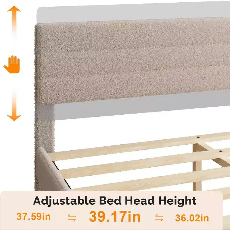 Lit plateforme rembourré en bouclette beige avec tête de lit réglable et lattes en bois – Silencieux