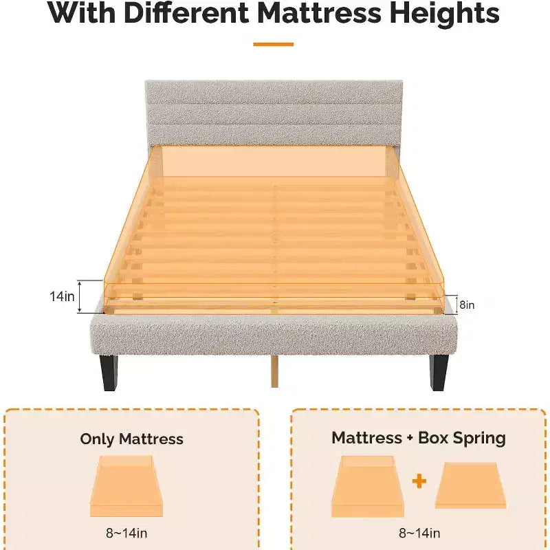 Lit plateforme rembourré en bouclette beige avec tête de lit réglable et lattes en bois – Silencieux