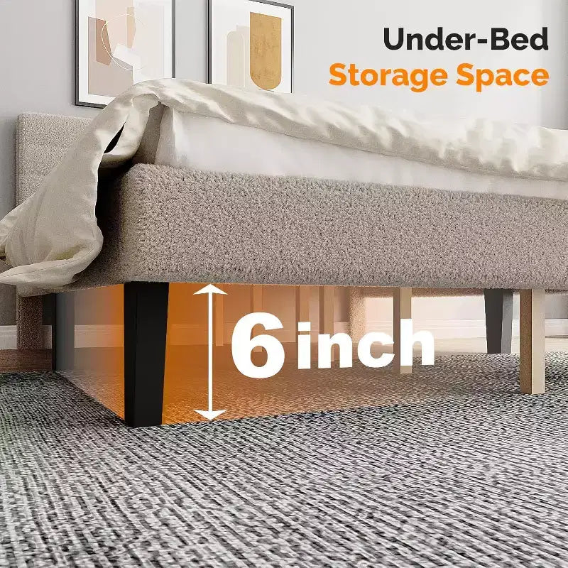Lit plateforme rembourré en bouclette beige avec tête de lit réglable et lattes en bois – Silencieux