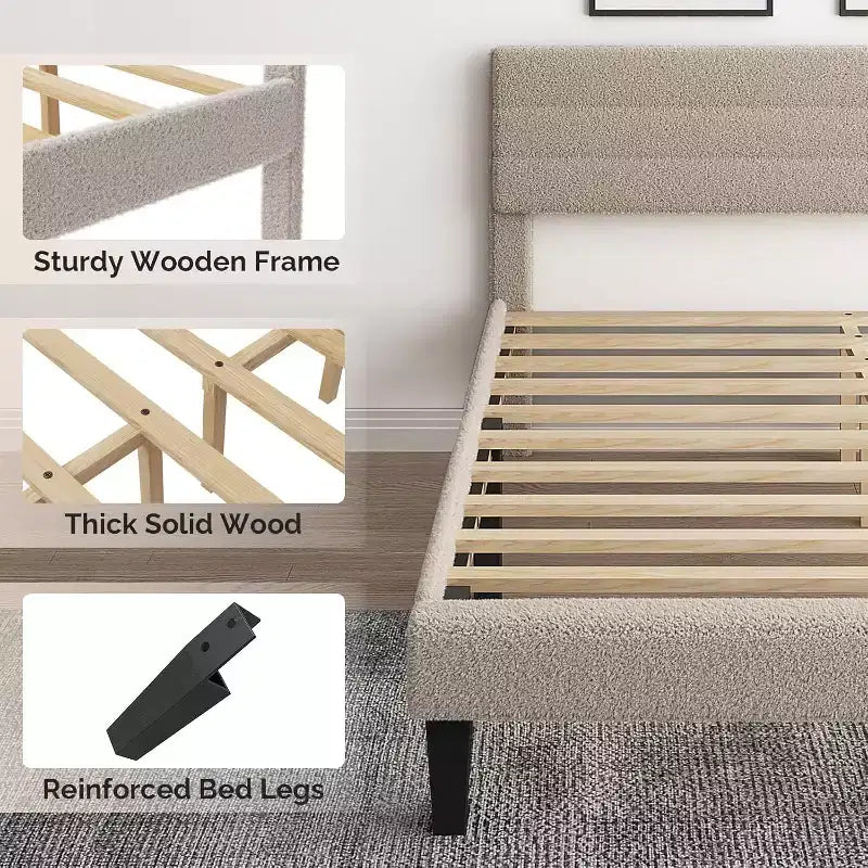 Lit plateforme rembourré en bouclette beige avec tête de lit réglable et lattes en bois – Silencieux