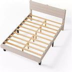 Lit plateforme rembourré en bouclette beige avec tête de lit réglable et lattes en bois – Silencieux