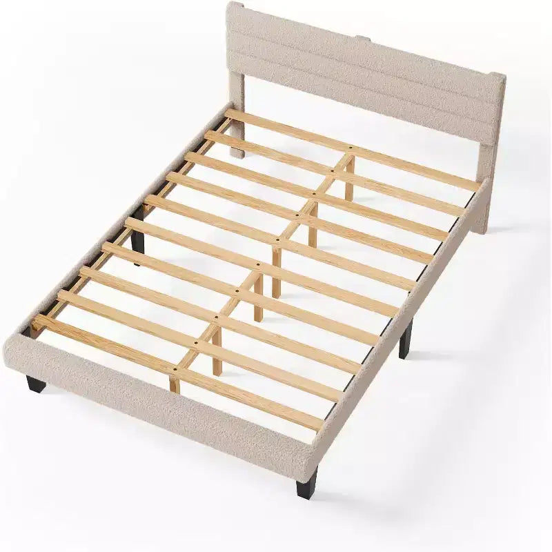 Lit plateforme rembourré en bouclette beige avec tête de lit réglable et lattes en bois – Silencieux