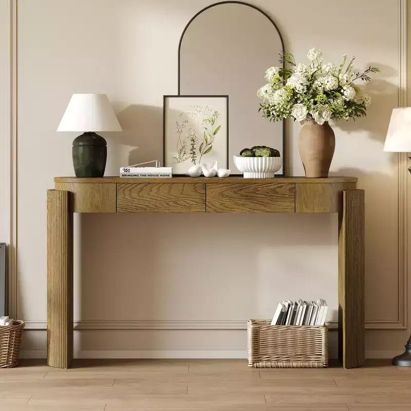 Table d'entrée avec finition grain de bois naturel Console avec design cannelé Plateau ovale et 2 tiroirs pour l'entrée et le salon Noir