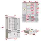 Meuble de cuisine blanc avec portes vitrées, casier à vin et zones de rangement multiples