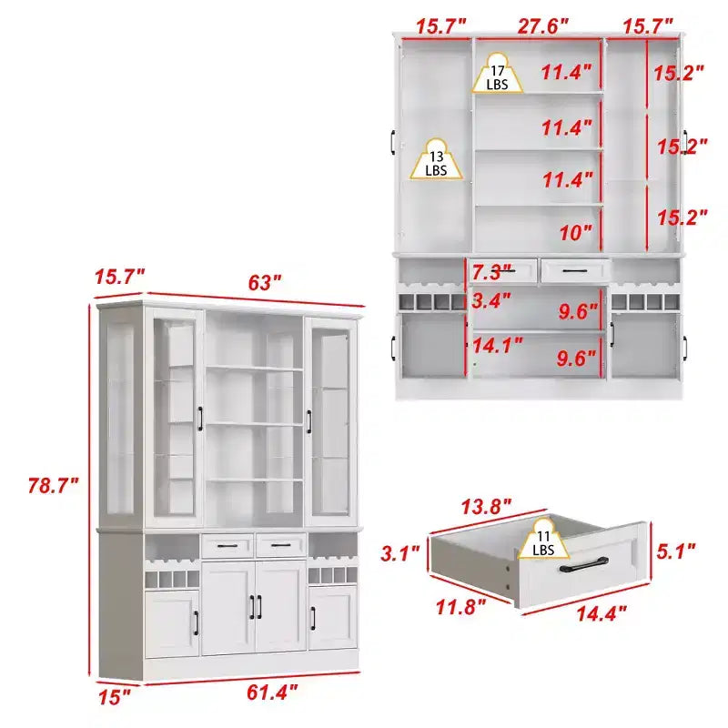 Meuble de cuisine blanc avec portes vitrées, casier à vin et zones de rangement multiples