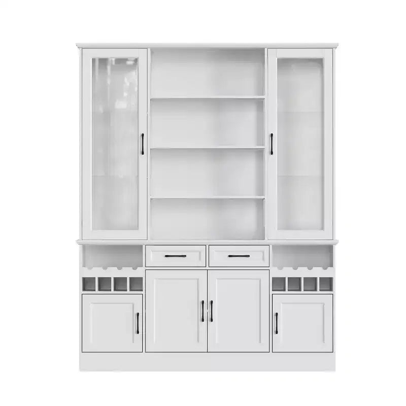 Meuble de cuisine blanc avec portes vitrées, casier à vin et zones de rangement multiples