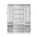 Meuble de cuisine blanc avec portes vitrées, casier à vin et zones de rangement multiples