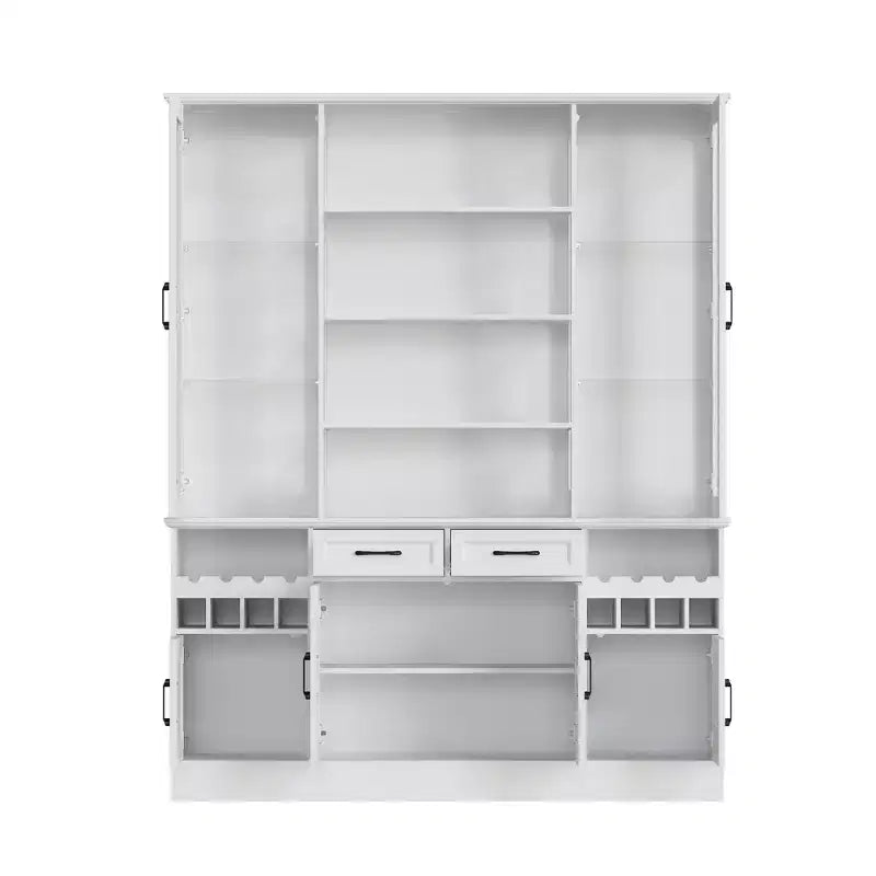Meuble de cuisine blanc avec portes vitrées, casier à vin et zones de rangement multiples