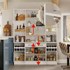 Meuble de cuisine blanc avec portes vitrées, casier à vin et zones de rangement multiples