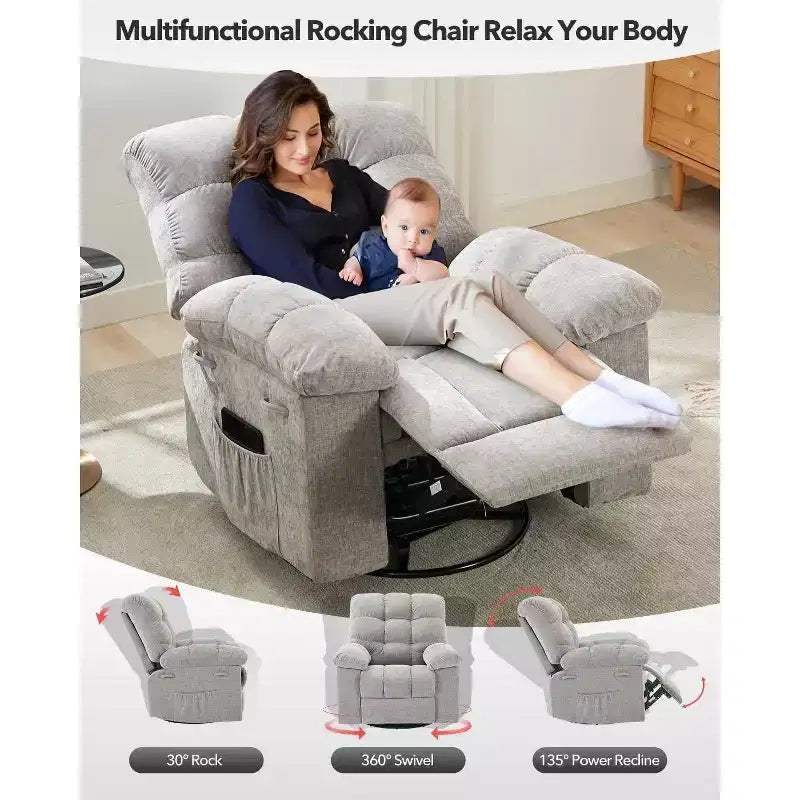 Fauteuil inclinable pivotant et coulissant – Rotation à 360°, bascule à 30°, inclinaison à 135°, chenille et châssis en acier