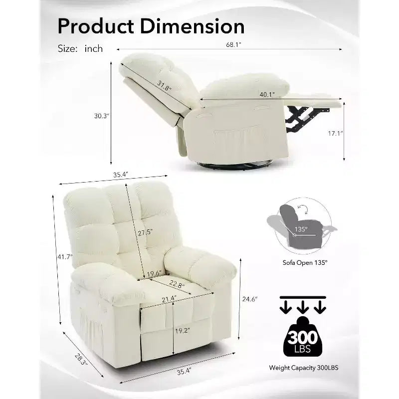 Fauteuil inclinable pivotant et coulissant – Rotation à 360°, bascule à 30°, inclinaison à 135°, chenille et châssis en acier