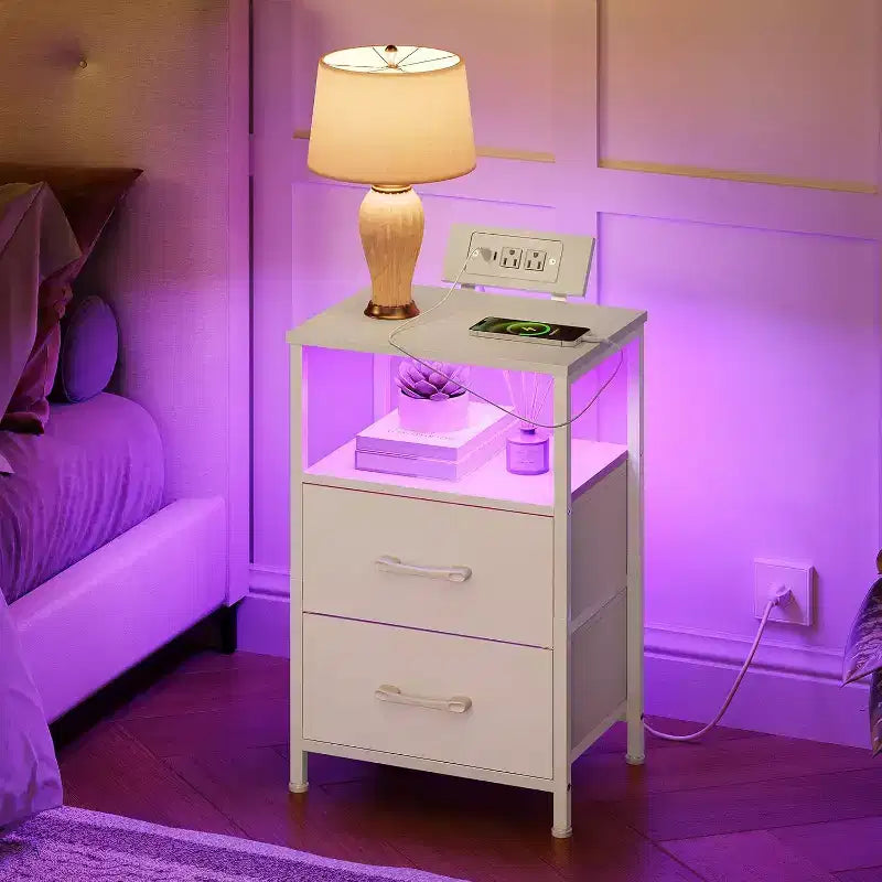 Table de chevet blanche avec station de charge – Lumières LED, 2 tiroirs en tissu, CA/USB/Type-C