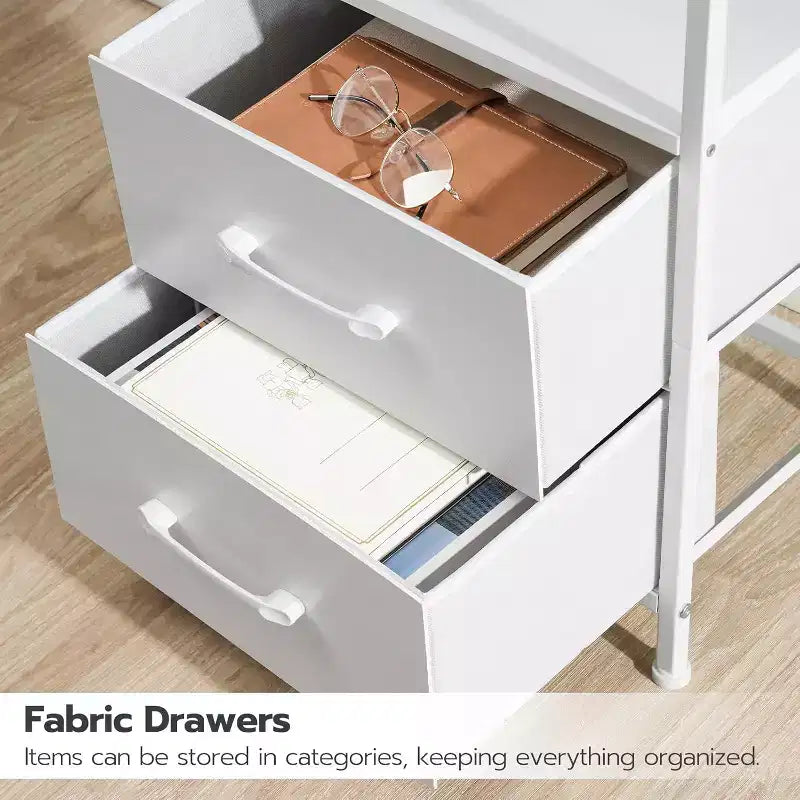 Table de chevet blanche avec station de charge – Lumières LED, 2 tiroirs en tissu, CA/USB/Type-C