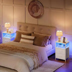 Table de chevet blanche avec station de charge – Lumières LED, 2 tiroirs en tissu, CA/USB/Type-C