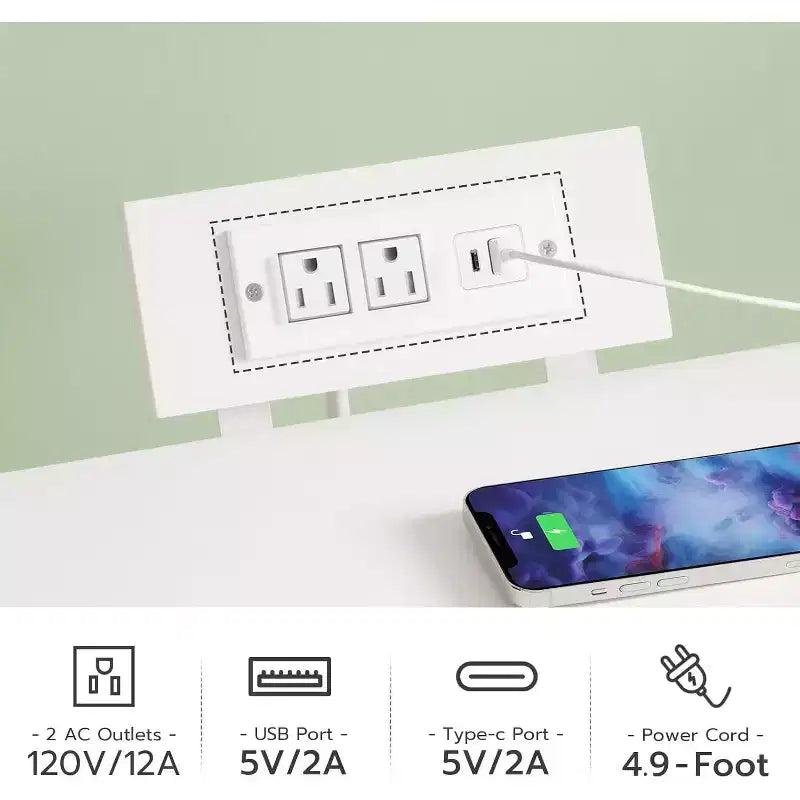 Table de chevet blanche avec station de charge – Lumières LED, 2 tiroirs en tissu, CA/USB/Type-C