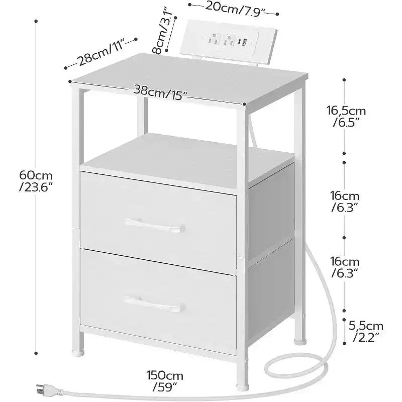 Table de chevet blanche avec station de charge – Lumières LED, 2 tiroirs en tissu, CA/USB/Type-C