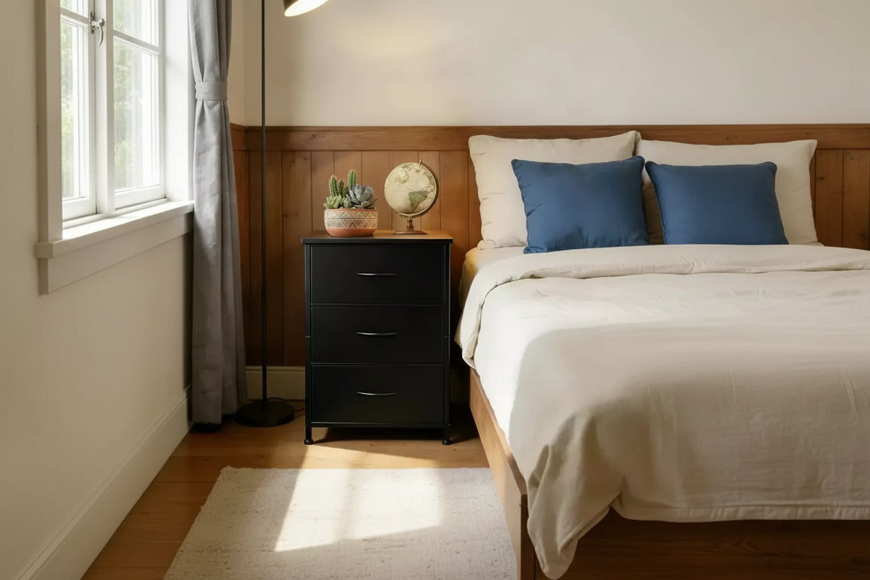 Petite commode 3 tiroirs avec paniers en tissu amovibles – Organisateur polyvalent pour chambre, salon, couloir ou buanderie – Peu encombrant, montage facile