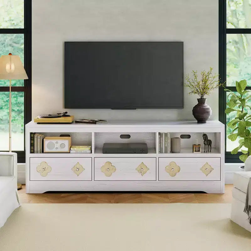 Meuble TV moderne du milieu du siècle de 178 cm pour téléviseurs jusqu'à 85", meuble de divertissement avec tiroir gravé et étagères de rangement ouvertes